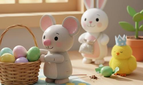 Pip, a small grey painted wooden mouse with soft fur, a shiny pink snout and round black eyes, sniffs a trail of chocolate crumbs near a wicker basket; a white wooden rabbit with long ears and a small glittery satchel watches kindly from the windowsill; a fluffy yellow wooden chick wearing a polka-dot paper crown sits sleepily beside a small wrapped green egg by a potted plant; light wood table with sunlit squares, a basket of bright painted eggs, chocolate crumb trail, blue-flower rug and terracotta pot; main scene: the mouse gently finds and places the green egg back into the basket — warm morning atmosphere, vivid pastels, wooden textures and playful toddler-friendly details.