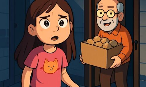 Una niña de 10 años, con largos cabellos castaños y ojos brillantes, se encuentra en medio de un pasillo de un edificio. Tiene una expresión de curiosidad y aprensión, con las cejas ligeramente fruncidas y la boca entreabierta, como si estuviera a punto de hablar. Lleva una camiseta rosa con un estampado de gato y unos jeans azules, y sostiene una pequeña linterna en la mano. A su lado, un hombre de unos 60 años, el vecino, con gafas redondas y barba gris, arrastra una gran caja de patatas. Sonríe amablemente, mostrando que no hay nada que temer. El pasillo es oscuro, con paredes de ladrillo gris y un suelo de baldosas brillantes. La situación principal muestra a la niña, dudosa pero decidida, lista para enfrentar sus miedos al descubrir que los ruidos extraños provienen de personas amigables y no de monstruos.
