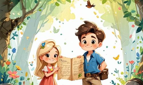An 8-year-old boy named Oliver, with tousled brown hair and sparkling curious eyes, stands at the center of the scene, wearing a determined smile. He is dressed in a blue shirt and canvas shorts, holding a treasure map, ready to explore. Next to him is Lily, a 7-year-old girl with long blonde hair and a flower crown, looking at Oliver with admiration and excitement in her bright eyes. She wears a light dress and sandals, ready to join him on this adventure. Behind them is Jack, a 9-year-old boy with round glasses and brown hair, holding an old storybook and scanning the surroundings seriously, as if searching for clues about the hidden treasure. The setting is an enchanted forest with gigantic trees, gnarled trunks, and vibrant green leaves. Sun rays filter through the foliage, illuminating colorful flowers and magical creatures hiding in the bushes. The main scene shows Oliver, Lily, and Jack in front of a mysterious cave entrance adorned with vines and sparkling stones, poised to enter, their faces lit up with excitement and anticipation for the adventure that awaits them inside.