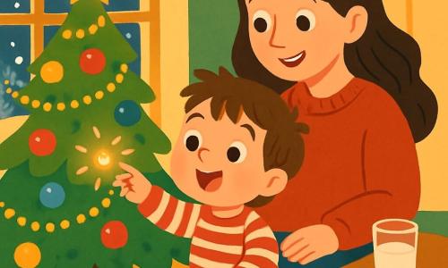 A 2-year-old boy with sparkling eyes and rosy cheeks is sitting on a fluffy carpet. He smiles in wonder, reaching for a shimmering light on the Christmas tree. His messy brown hair and soft red and white striped pajamas add to his charm. Next to him is his mother, a woman around 30 years old, with long brown hair and a warm smile, wearing a red wool sweater. She looks at her son tenderly while showing him the decorated tree. The cozy living room is lit by fairy lights, and the majestic tree is adorned with colorful baubles and golden garlands, while snowflakes gently fall outside the window, creating a magical atmosphere. The boy, enchanted, touches one of the lights on the tree, with a small golden star shining at the top. The room is filled with warmth and joy, with a plate of cookies and a glass of milk on a nearby table.