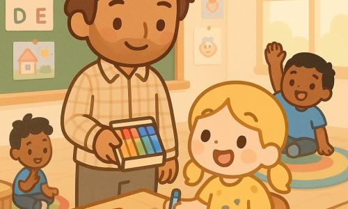 A warm-smiling male teacher with slightly messy brown hair and a soft plaid shirt stands at the front of a bright classroom offering a box of colored markers, encouraging students not to fear mistakes; Lucy, about 7–8 with blonde pigtails in a yellow dress stained with ink, sits in the foreground marveling as she turns a dark blot into a colorful butterfly with a marker; Sam, about 8 with short black hair in a blue T-shirt, enthusiastically raises his hand from a reading rug near the board; the room has pastel walls with alphabet posters and children’s drawings, large windows casting sunlight, light wooden tables with scattered crayons and a multicolored round rug, overall clear composition, vivid colors, simple shapes, soft shadows, and an optimistic, creative atmosphere.