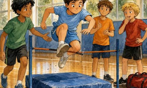 Quatro crianças: Léo, garoto ~11 anos, cabelo castanho curto, rosto concentrado, no centro em pleno salto sobre uma barra baixa, joelhos levantados, roupa esportiva azul-claro e tênis brancos; Rafa, garoto ~11 anos, cabelo preto ondulado, sorriso tranquilizador, à esquerda de Léo pronto para apoiar, camiseta verde; Tomás, garoto ~11 anos, cabelo loiro, expressão dramática/divertida, à direita e recuado com a mão na boca, bolsa de esporte vermelha ao lado; Gui, garoto ~11 anos, cabelo castanho, olhar calmo, atrás de Léo fazendo gesto de ritmo com os dedos, camiseta laranja. Local: interior de ginásio escolar com piso de madeira envernizado, grandes janelas altas com gotas de chuva e luz dourada úmida, grande colchão azul sob a barra, cones laranja e linha branca no chão. Situação: salto bem-sucedido mas imperfeito — Léo no ar tocando levemente a barra, pouso iminente; amigos encorajando, rostos empáticos; composição centrada com silhuetas nítidas em tinta e lavados suaves de aquarela (azuis, verdes, ocres), texturas de madeira e tecido e pequenas salpicaduras de tinta para mostrar movimento e emoção.