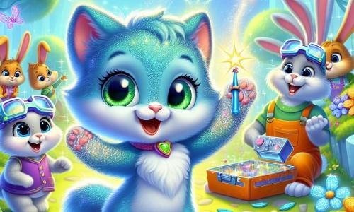 An illustration depicts a small cat with shimmering blue fur and large, sparkling green eyes, joyfully dancing in a magical garden with its paws raised and a sparkling tail behind it. Beside the cat, a small white rabbit with soft fur and protective glasses watches in wonder, its eyes shining with joy, holding a tiny magic wand ready to help its friend. Behind them, a group of rabbits with long ears and colorful vests are busy around a carrot-shaped machine, their faces focused and determined as they adjust shiny parts. The main setting is a fairy-tale garden filled with bright, colorful flowers, where trees shimmer in the sunlight and multicolored butterflies flutter around, enhancing the magical atmosphere. The main scene shows the cat and rabbit united in a joyful dance, celebrating their victory after protecting the garden from robotic bees, with flower petals swirling around them, creating a festive and enchanted ambiance. Additional graphic elements include colorful machines, bright flowers, and sparkling magic bursts illuminating the scene, reinforcing the illustration's fantastic and joyful aspect.