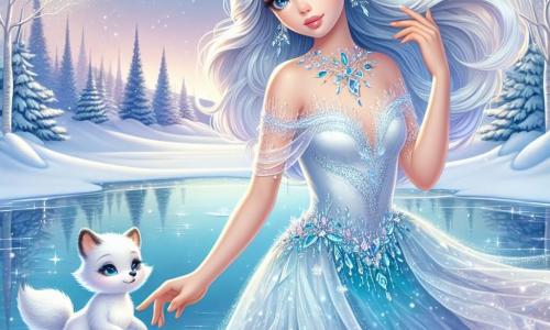 A Rainha da Neve, uma mulher majestosa de beleza etérea, veste um vestido cintilante de cristal e neve, com seus longos cabelos prateados flutuando como flocos ao vento. Seu rosto expressa uma suave melancolia, com olhos azul glaciar que brilham com um brilho mágico. Ela está à beira de um lago congelado, tocando delicadamente a superfície do gelo, observando os sonhos que dançam abaixo. Ao seu lado, uma pequena raposa de pelagem branca brinca alegremente na neve, com olhos brilhantes de curiosidade. O cenário é uma paisagem invernal encantadora, com árvores cobertas de cristais de gelo cintilantes e flocos de neve caindo suavemente do céu azul claro. A situação principal mostra a Rainha da Neve criando a Carta das Maravilhas, um rolo de papel mágico, enquanto contempla a beleza da paisagem invernal ao seu redor, pronta para compartilhar a magia do inverno com seu reino.