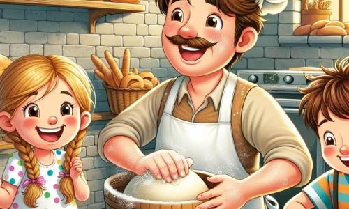 A cheerful baker, a middle-aged man with a large white hat and a flour-covered apron, smiles while kneading dough in a large wooden trough. His brown hair is slightly tousled, and his cheeks are rosy from the effort and heat of the oven. Next to him, an 8-year-old girl, Lily, with braided blonde hair and a colorful polka-dotted dress, enthusiastically mixes dough in a large bowl, her eyes sparkling with joy. A 7-year-old boy, Tom, with messy brown hair and a striped t-shirt, shapes a piece of dough into a small snail, laughing with his sister. The scene takes place in a warm and welcoming bakery, with brick walls, shelves filled with golden bread and tempting pastries, and a large window letting in sunlight, softly illuminating the room. The main situation shows the baker and the children creating delicious pastries together, filled with enthusiasm and camaraderie, sharing a magical moment of creativity and happiness in the bakery.