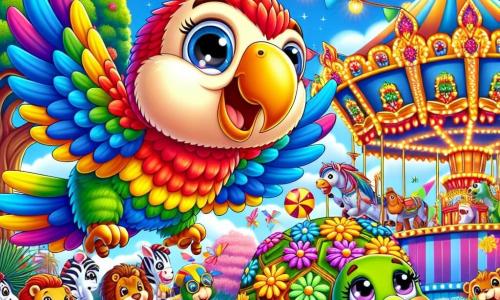Un loro colorido llamado Lolo, con plumas brillantes de rojo, azul, amarillo y verde, vuela alegremente sobre un parque de carnaval, su rostro radiante de felicidad y emoción. A su lado, una tortuga llamada Tula, con un caparazón decorado con flores coloridas, sonríe con asombro mientras danza sobre sus patas, llena de alegría. Al fondo, un gran árbol majestuoso está decorado con guirnaldas de flores y linternas brillantes, mientras que animales disfrazados, como un león con capa dorada y una cebra pintada de colores vivos, se divierten alrededor de un puesto de juegos. La escena muestra el momento en que Lolo y Tula descubren el carnaval, rodeados de risas y colores, listos para vivir una aventura mágica juntos.