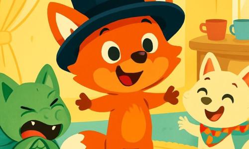 Ein kleiner Fuchs mit leuchtend rotem Fell und großen, fröhlichen Augen steht im Mittelpunkt der Szene, trägt einen großen schwarzen Hut und hat ein schelmisches Lächeln im Gesicht. Rechts von ihm ist seine Schwester, eine kleine Füchsin mit cremefarbenem Fell, die einen hübschen bunten Schal trägt und vor Aufregung lacht. Links steht ihr Bruder, ein junger Fuchs mit grünem Fell, der eine Drachengrimasse macht, mit Schuppen auf seinem grünen Kissen, und zeigt ein komisches, fröhliches Gesicht. Der Hintergrund ist ein gemütliches Familienzimmer mit sanft gelben Wänden, einem großen weichen Teppich und einem leichten Vorhang, der Sonnenlicht hereinlässt. Im Hintergrund steht ein Holztisch, der mit bunten Teetassen gedeckt ist. Die Szene zeigt die drei Füchse, die ein Theaterstück vorbereiten, als plötzlich ein großes Tuch auf den Bruder fällt, was allgemeines Gelächter auslöst. Die Charaktere sind von einer fröhlichen und spielerischen Atmosphäre umgeben, die den Geist eines schönen Familientages einfängt.