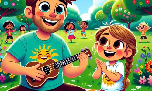 Max, ein lächelnder Mann mit braunen Haaren und einem leichten Bart, spielt fröhlich Ukulele, seine Augen strahlen vor Glück. Er trägt ein buntes T-Shirt und Shorts, sitzt auf einer bunten Decke in einem sonnigen Park. Neben ihm klatscht Mia, ein 7-jähriges Mädchen mit blonden Zöpfen und einem T-Shirt mit Sonnenmotiv, lachend in die Hände, voller Energie und Begeisterung. Der Park ist voller leuchtender Blumen, großer Bäume mit grünen Blättern und einem hellblauen Himmel, der mit flauschigen weißen Wolken übersät ist. Kinder spielen um sie herum und schaffen eine fröhliche und lebhafte Atmosphäre. Die Hauptsituation zeigt Max und Mia, die gemeinsam ihr Lied über Freundschaft und Freude singen, umgeben von ihren Freunden, die tanzen und Spaß haben, alle vereint durch die Magie der Musik.