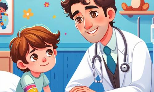 Un medico di nome Marco è rappresentato con un sorriso caloroso, indossando un camice bianco impeccabile e uno stetoscopio attorno al collo. Ha capelli castani leggermente ricci e occhi brillanti di benevolenza, mentre si china verso un giovane ragazzo, Matteo, che ha circa nove anni. Matteo, con capelli castani e occhi curiosi, è seduto su un letto d'ospedale, con un braccio avvolto in un gesso decorato con disegni colorati. L'ambientazione è in una stanza d'ospedale luminosa e accogliente, con muri dipinti di azzurro chiaro e illustrazioni di personaggi dei cartoni animati appese, creando un'atmosfera gioiosa e rassicurante. Giocattoli e libri sono sparsi per la stanza, aggiungendo un tocco di calore e comfort. La scena principale mostra Marco mentre rassicura Matteo, spiegandogli con entusiasmo come presto potrà tornare a giocare a calcio, mentre la madre di Matteo, una donna di circa trent'anni con lunghi capelli castani, sta accanto a lui, sorridendo con orgoglio e sollievo.