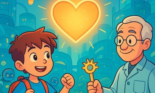 Un ragazzo di 8 anni, con i capelli castani in disordine e occhi pieni di curiosità, si trova davanti a un grande cuore luminoso, il Nodo, al centro di una città futuristica. Indossa una maglietta blu vivace e uno zainetto pieno di strumenti colorati, mostrando un'espressione determinata ed entusiasta. Accanto a lui, un tecnico di circa 50 anni, con occhiali rotondi e un camice da lavoro, osserva il ragazzo con un sorriso benevolo, tenendo una chiave brillante in mano. Sullo sfondo, robot dalle forme arrotondate annaffiano piante multicolori in giardini sospesi, mentre lanterne fluttuanti illuminano la scena con una luce soffusa. La città è piena di edifici trasparenti dalle forme organiche, con strade aeree e droni che volano come uccelli. Il ragazzo si prepara a compiere un gesto coraggioso per risvegliare il Nodo addormentato, pronto a portare la magia della musica nella sua città.