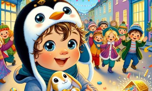 Un bambino di un anno, con grandi occhi brillanti e capelli ricci, indossa un carino cappello a forma di pinguino. Sorride con meraviglia, tenendo un piccolo coniglio di peluche tra le braccia. Accanto a lui, un gruppo di bambini di 5-7 anni, tutti in costumi colorati, ballano gioiosamente, i loro volti illuminati dalla gioia del carnevale. Il luogo è una strada animata di un villaggio, decorata con festoni dai colori vivaci, palloncini fluttuanti e coriandoli che cadono dolcemente dal cielo blu. Al centro dell'immagine, il bambino e il suo coniglio scoprono un grande scrigno dorato, scintillante sotto il sole, circondato da caramelle e giocattoli, simbolo della magia e dell'avventura del carnevale.