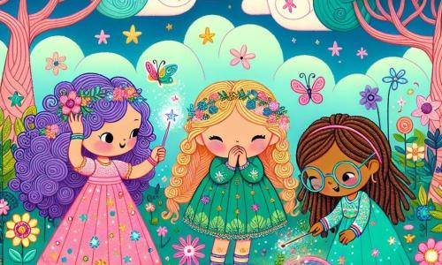 Tres chicas, Lila, Nia y Mia, de aproximadamente 8 años, están en el centro de un jardín encantado. Lila, con largos cabellos rizados violetas, lleva un vestido rosa brillante y sostiene una varita mágica. Nia, con trenzas rubias, viste una túnica verde con motivos de hojas y ríe al mirar las flores. Mia, con cabello castaño y gafas redondas, lleva un vestido azul adornado con estrellas y se agacha para observar un pez colorido que burbujea a sus pies. El jardín está lleno de flores multicolores que bailan alegremente bajo un cielo azul con nubes en forma de caramelos. Árboles de troncos en espiral rodean el lugar y mariposas de alas brillantes vuelan alrededor de ellas. Las chicas intentan lanzar un hechizo para hacer cantar a las flores, pero en su lugar, comienzan a bailar, mientras un pez mágico, salido de la varita de Lila, hace burbujas brillantes. Lila, Nia y Mia se ríen ante este espectáculo inesperado y divertido.