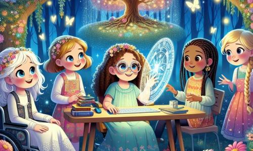 Dziewczynka w wieku 10 lat, z długimi kręconymi włosami i okrągłymi okularami, siedzi przed magicznym komputerem, jej oczy błyszczą ciekawością, gdy skanuje gwiezdną mapę. Obok niej dziewczynka w wieku 9 lat, z krótkimi blond włosami, uśmiecha się, trzymając w rękach świecący kryształ, co oświetla jej twarz fascynującym blaskiem. Trzecia dziewczynka, mająca 11 lat, z warkoczami i kolorową sukienką, uważnie obserwuje unoszące się hologramy, wyciągając ręce, jakby chciała dotknąć gwiazd. Na końcu dziewczynka w wieku 10 lat, siedząca na wózku inwalidzkim ozdobionym kwiatowymi wzorami, zamyka oczy i wydaje się przywoływać świetliste energie wokół siebie, tworząc magiczną aurę. Miejsce to zaczarowany ogród, pełen kolorowych kwiatów i dużych drzew o błyszczących pniach, gdzie świetliki tańczą w powietrzu. W centrum rośnie duże, stare drzewo, którego gałęzie rozciągają się jak ochronne ramiona, a w nim znajduje się drewniana chatka z oknami w kształcie gwiazd. Główna sytuacja pokazuje cztery dziewczynki współpracujące nad rozwiązaniem magicznej zagadki, otoczone migoczącymi światłami i błyszczącymi kryształami, gdy przygotowują się do aktywacji portalu do tajemniczej planety.
