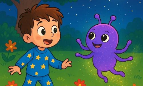 A 6-year-old boy with messy brown hair and sparkling curious eyes stands in his garden. He is wearing a blue star-patterned pajama and striped socks. His face shows wonder and excitement as he looks at a glowing alien. The alien is a round, colorful creature with shimmering purple skin, large round eyes, and a friendly smile. It has four arms joyfully dancing in the air, leaving a trail of sparkling dust behind. The garden is filled with vibrant flowers, a large green lawn, and a majestic old oak tree in the background under a starry sky. The moon shines softly, adding a magical glow to the scene. The amazed boy approaches the newly landed alien, ready to discover this incredible encounter and share a moment of intergalactic friendship.