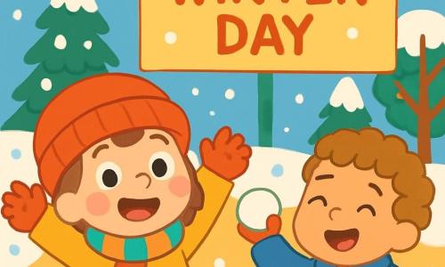 A 2-year-old girl with rosy cheeks and sparkling eyes is wearing a bright red hat and a striped scarf. She is delighted, smiling widely as she raises her arms to catch the gently falling snowflakes around her. Next to her, a 3-year-old boy with curly hair and a blue coat laughs as he throws a snowball. They are in a schoolyard surrounded by snow-covered trees and a large sign that says 
