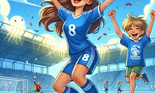 Ilustracja przedstawiająca młodą, atletyczną kobietę z długimi, brązowymi włosami, ubraną w niebieski strój piłkarski i dopasowane szorty. Świętuje zdobycie gola, z uniesionymi rękami w górze, z szerokim uśmiechem na twarzy, jej oczy błyszczą radością. W pobliżu mały chłopiec w wieku około 8 lat, z rozczochranymi blond włosami, noszący koszulkę z numerem zawodniczki, skacze z radości, jego oczy pełne podziwu i szczęścia. Tło stanowi duże, zielone boisko piłkarskie, z trybunami wypełnionymi kibicami, którzy machają flagami i kolorowymi transparentami. Niebo jest błękitne i słoneczne, tworząc radosną atmosferę. Główna scena pokazuje zawodniczkę celebrującą zwycięstwo po zdobyciu decydującego gola, otoczoną energią i ekscytacją fanów, którzy ją wspierają. Inne elementy graficzne to piłki nożne rozsiane po boisku, konfetti unoszące się w powietrzu oraz żywe kolory, które przekazują radość i entuzjazm chwili.