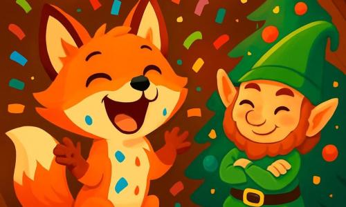 Un pequeño zorro travieso, con un pelaje naranja brillante y una cola esponjosa, ríe a carcajadas al descubrir una lluvia de confeti de colores que cae a su alrededor. Sus ojos brillan de malicia y emoción mientras se encuentra en el centro de su acogedora madriguera, rodeado de decoraciones navideñas brillantes. A su lado, un duende bromista, con un sombrero puntiagudo verde y calcetines a rayas rojas, sonríe traviesamente, con los brazos cruzados, observando su obra con satisfacción. Tiene el cabello rizado y una pequeña barba, y su rostro está iluminado por un resplandor alegre. La escena transcurre en una madriguera acogedora, decorada con guirnaldas luminosas y bolas de Navidad de colores, con un árbol brillante al fondo. Galletas de Navidad están esparcidas sobre la mesa, y una suave luz dorada ilumina toda la habitación. El pequeño zorro descubre maravillado la broma del duende, riendo a carcajadas mientras el confeti danza en el aire, creando una atmósfera festiva y alegre.