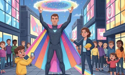 An adult man, Calder (Prismade), determined and focused with a serious but kind face, wears a fan-shaped prismatic cape and a charcoal suit with fine luminous lines; he stretches out his arms to form a large circular multicolored lens of light above the square. A woman, Mara (about 35), calm and resolute with her yellow hard hat under her arm and hair tied back, stands by a group and directs the evacuation toward an alley, pointing to a luminous path. A roughly 12-year-old boy in a yellow hoodie films the scene on his phone, amazed and admiring. A mixed crowd of all ages shifts from worry to calm, some helping others as they walk along a ribbon-like prism corridor. The location is Skyscreen Square, with large bright square façades, sidewalks inlaid with light lines, slightly mismatched floating ads, gray speckled paving, neon urban lighting and glossy reflections. Calder’s prism lens channels glitch particles into a technical drain, the screens soften, and the crowd turns to assist one another; the mood is dynamic yet reassuring, with a vivid palette of electric blues, pinks and yellows and layered cut-paper textures.