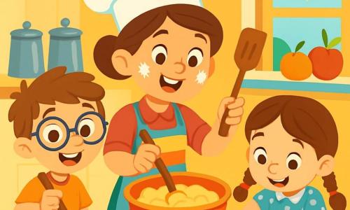 Chef Clara, a cheerful woman in a large white chef's hat and a colorful apron, smiles with sparkling eyes as she mixes ingredients in a big bowl. Her brown hair is neatly tied up, and she has flour spots on her face, showing she's in action. Tommy, a 7-year-old boy with round glasses and messy hair, stands beside her holding a wooden spatula with a big smile, ready to help. Lily, a 6-year-old girl with braids and a polka dot dress, is cutting cookie shapes with cookie cutters, focused and happy. The scene takes place in a bright, colorful kitchen filled with shiny metal pots, fresh fruits on the counter, and windows letting in sunlight. Ingredients like flour, sugar, and eggs are scattered on the table, creating an atmosphere of creativity and joy. In this illustration, Chef Clara and the children are making cookies, laughing and having fun together, while the cookie dough is spread on the table, ready to be cut into fun shapes.
