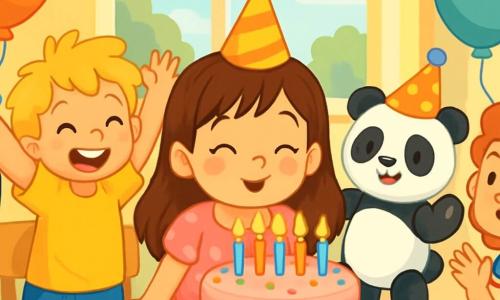 A 6-year-old girl named Lily, with long brown hair and sparkling eyes, is wearing a pink polka dot dress and has a big smile on her face. She is blowing out six candles on a birthday cake decorated with pink frosting and colorful sprinkles, surrounded by her friends. Max, a 6-year-old boy with messy blonde hair and a bright yellow t-shirt, is next to her, raising his arms in celebration. Poppy, an adorable stuffed panda with a little party hat, is beside Lily, waving a paw and adding a touch of magic to the scene. The setting is a bright classroom decorated with colorful balloons and sparkling garlands, with sunlight streaming through the windows. The children are seated around a large wooden table filled with treats and birthday decorations. Lily is surrounded by laughter and joy, ready to blow out her candles while her friends joyfully sing 