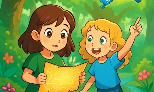 There are 2 main characters: Hazel, a 10-year-old girl with shiny brown hair and piercing hazel eyes, wearing a green cotton dress and leather boots, standing on the left, curiously examining an old map she found; and Mira, also 10, with golden curls and freckles on her nose, dressed in a blue blouse and denim shorts, standing to Hazel's right, smiling and pointing at the blue birds flying above them. The setting is the Dream Forest, a magical place with enormous trees and emerald-like leaves, where colorful flowers softly sing and a sparkling stream winds through the mossy ground. In the distance, an old majestic oak holds a secret. The main scene shows Hazel and Mira discovering a mysterious map that shines in the sunlight, featuring dancing symbols and a glowing path leading into the unknown, with blue birds flying around them, adding a touch of magic to their adventure.
