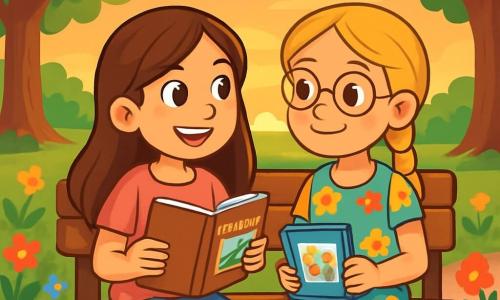 There are two main characters: - Molly: a 10-year-old girl with long brown hair and sparkling eyes. She wears a pink t-shirt and blue jeans, holding a notebook filled with memories in her hands. - Lucy: a 10-year-old girl with braided blonde hair and round glasses. She wears a colorful floral dress and has a warm smile on her face, holding a small photo album. The main setting is a lush park bathed in the golden light of the setting sun. Majestic trees with vibrant green leaves surround a wooden bench where the two friends sit. Multicolored flowers line the path, and a sky tinged with pink and orange creates a soft, dreamy atmosphere. The main situation of the story shows Molly and Lucy sitting on the bench, exchanging promises of friendship while watching the sunset. Their expression is both joyful and emotional, symbolizing their strong bond despite the upcoming separation.