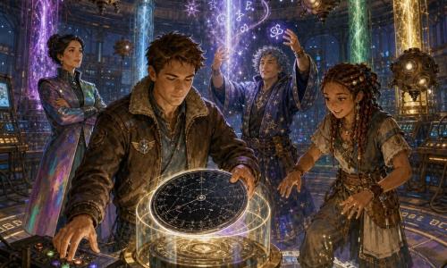 Main character: Lio Kestrel, an open, focused man with short brown hair and a worn pilot jacket with a patch, calmly holding a black-crystal disk (the Stardial) in a glowing case on a central platform while his left hand touches a console with colored lights. Secondary: Sera, about 16, copper-skinned with braids threaded with nuts and beads, bright smiling eyes, tapping a runic ring on the floor to synchronize beacons, standing slightly to his right. Secondary: Brann, about 30, round, with gray-blue curls and a rolled-up starry robe, casting luminous runes with his hands above a beam of light to stabilize the ether, behind Lio. Secondary: Overseer Maelin, about 45, upright, color-shifting coat, severe but relieved expression, arms crossed near a control panel observing the scene. Other elements: several round, rusty spectral drones float like lanterns emitting soft glows; the Stardial is a dark disk with fine silver engravings and shifting constellations. Place: a large circular chamber with a transparent starry ceiling, floors inlaid with glowing runes, tall glass-and-metal beacons sending columns of colored light, visible panels and cables, warm metallic air scented with ozone. Main situation: the group works together to tune and calm huge unstable light beams—violet and silver light gradually settling—with synchronized gestures and general relief.