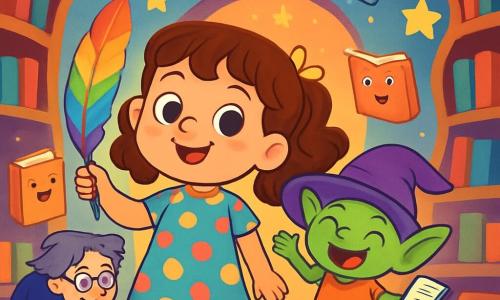 A 4-year-old girl with big brown curls and sparkling curious eyes stands at the center of the scene, a wide smile on her joyful face. She wears a colorful polka-dot dress and holds a shining rainbow feather in her hand. Next to her is a goblin named Gribble, around 10 years old, with green skin, an oversized purple hat, and a small notebook, jumping with excitement, his eyes bright. Nearby, an old witch with messy gray hair and round glasses searches under a pile of books, looking relieved and grateful. 

The scene takes place in a vast magical library, where the shelves curve like spaghetti and books float in the air, some with smiling faces. Sparkling stars fall from the ceiling, illuminating the place with a soft, colorful light. 

The girl, Gribble, and the witch are participating in a fantastical tournament, searching for lost glasses while jumping and singing, surrounded by animated books laughing and dancing around them.