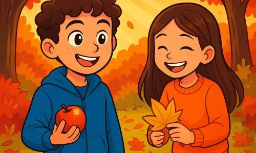 Un chico de 12 años, Daniel, con cabello castaño y rizado, sonriente y con ojos brillantes de curiosidad, se encuentra en medio de un jardín lleno de hojas doradas y rojas. Lleva una chaqueta azul y jeans, sosteniendo una manzana crujiente en su mano derecha. A su lado, su mejor amiga Lucía, una niña de 11 años con cabello largo y liso, vestida con un suéter naranja brillante, recoge hojas con una gran sonrisa, contribuyendo a la atmósfera alegre de la escena. El jardín está rodeado de árboles majestuosos de colores llamativos, con rayos de sol filtrándose a través de las ramas, creando sombras danzantes en el suelo. En esta escena, Daniel y Lucía se divierten recogiendo hojas para crear una corona de otoño, riendo y compartiendo historias mientras disfrutan de la magia de la temporada.