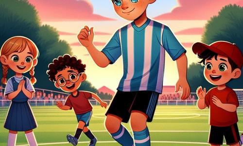 Een man, Sam, is een professionele voetballer met bruin haar en sprankelende ogen, gekleed in een blauw shirt en een zwarte korte broek. Hij heeft een warme glimlach, maar zijn blik toont een lichte droefheid terwijl hij een voetbal over het veld dribbelt. Naast hem staan drie kinderen: Lisa, een 10-jarig meisje met blonde vlechten dat vrolijk applaudisseert; Tom, een 9-jarige jongen met een bril en kastanjebruin haar die probeert de bewegingen van Sam na te doen; en Max, een 8-jarige jongen met een rode pet die lachend om hen heen rent. De locatie is een uitgestrekt, groen voetbalveld, verlicht door het gouden licht van de ondergang, met bomen op de achtergrond en roze wolken in de lucht. De belangrijkste situatie toont Sam die de kinderen leert hoe ze moeten dribbelen en de bal moeten passen, wat een sfeer van vreugde en leren creëert, waar het plezier van het spel belangrijker is dan de nederlaag.