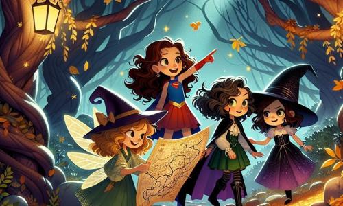 Four 10-year-old girls stand together in a mysterious and enchanted forest. Mia, with curly brown hair, wears a red and blue superhero costume and stands in the center, pointing towards a winding path. Zoe, with straight blonde hair, is dressed as a sparkling fairy with shiny wings and a green dress, slightly behind with wide eyes of excitement. Lily, with wavy brown hair, wears a large black witch hat and a purple dress, leaning forward to examine an ancient map in her hands. Ava, the smallest with braided black hair, is dressed as a vampire in a red cape, standing next to Lily, curiously looking at the map. The dark enchanted forest features gnarled trees and softly falling golden leaves, with moonlight filtering through the branches, creating dancing shadows on the leaf-covered ground. The main scene shows the girls discovering a mysterious map, full of promises of adventures and treasures, as they stand together, ready to explore the depths of the forest.