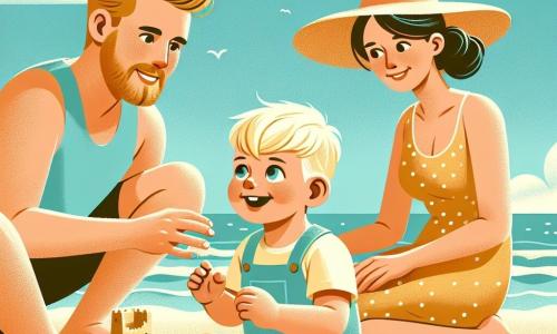 Een jongetje van 1 jaar, met blond haar en sprankelende ogen, zit op het gouden zand van het strand. Hij glimlacht vrolijk, zijn kleine handen vol zand, terwijl hij met zijn voeten in het water spettert. Naast hem kijkt zijn moeder, een vrouw van in de dertig met bruin haar en een strooien hoed, hem liefdevol aan en lacht om zijn spetters. Ze knielt op het zand, klaar om hem te helpen een zandkasteel te bouwen. Zijn vader, een man van in de dertig met een lichte baard en een kleurrijk T-shirt, is iets verderop bezig met het vormen van een groot zandkasteel. Hij glimlacht terwijl hij naar zijn zoon kijkt, en deelt dit moment van gezinsgeluk. De locatie is een zonnig strand, met zachte golven die de kust kussen, kleurrijke parasols en schelpen verspreid over het zand. De lucht is helderblauw, met hier en daar wat donzige witte wolken. De hoofdscène toont het jongetje dat in het zand speelt, lacht en plezier heeft, terwijl zijn ouders hem aanmoedigen en samen prachtige zomermomenten creëren.