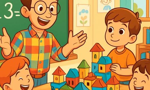 Um homem, o professor Tiago, sorridente e caloroso, está diante de uma turma animada. Ele tem cabelo castanho, óculos redondos e usa uma camisa xadrez colorida. Seu olhar brilha de entusiasmo enquanto explica uma lição de matemática com gestos expressivos. Ao lado dele, Joãozinho, um garoto de 8 anos com cabelo castanho e olhos brilhantes, observa atentamente. Ele segura um bloco de construção colorido, pronto para participar da atividade. A sala de aula é iluminada e acolhedora, com paredes decoradas com desenhos de crianças, prateleiras cheias de livros coloridos e janelas que deixam entrar a luz do sol. Mesas de madeira estão dispostas em círculo, criando um espaço amigável para o aprendizado. A cena principal mostra o professor Tiago guiando seus alunos na construção de uma cidade com blocos coloridos, enquanto as crianças riem e se ajudam, cheias de empolgação e curiosidade.