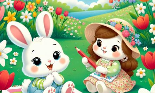 Un coniglietto di nome Bibo, con un manto morbido e bianco, grandi orecchie e occhi scintillanti di gioia, è seduto su una coperta colorata in mezzo a un campo di fiori vivaci. Sorride ampiamente, tenendo una matita tra le zampette, pronto a disegnare. Accanto a lui, Mamma Coniglia, una dolce mamma con un manto marrone chiaro e un bel grembiule floreale, guarda Bibo con un sorriso orgoglioso, seduta sull'erba verde. Tiene una tavolozza di colori vivaci ed è felice di condividere questo momento creativo con suo figlio. Il luogo è un magnifico campo primaverile, pieno di fiori di tutti i colori: tulipani rossi, margherite bianche e giunchiglie gialle, sotto un cielo azzurro chiaro punteggiato di nuvole soffici. La scena principale mostra Bibo e Mamma Coniglia mentre disegnano insieme, circondati dalla bellezza della natura, celebrando la gioia e la creatività della primavera.