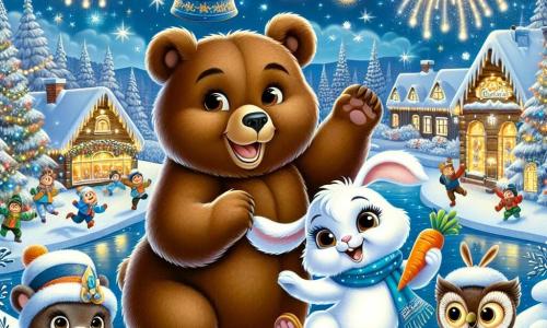 Ein großer brauner Bär mit weichem, seidigem Fell, einem breiten Lächeln und funkelnden, freudigen Augen tanzt fröhlich auf einer verschneiten Bühne, umgeben von glitzernden Schneeflocken. Neben ihm springt ein kleiner, weißer Hase mit großen Ohren und einem neugierigen, erfreuten Gesicht im Takt und hält eine Karotte in seinen Pfoten. Eine Eule mit braunen Federn und großen, weisen Augen, die auf einem Ast sitzt, applaudiert begeistert und verleiht der Szene einen Hauch von Magie. Die Kulisse ist ein charmantes, verschneites Dorf mit Holzhäusern, deren Dächer mit Schnee bedeckt sind, bunten Lichtern, die in der sternenklaren Nacht funkeln, und einer großen, mit glänzenden Sternen dekorierten Schneekugel in der Mitte, beleuchtet von strahlenden Feuerwerken am Himmel. Die Hauptsituation zeigt die Freunde, die fröhlich das neue Jahr feiern, zusammen tanzen und lachen, umgeben von festlichen Köstlichkeiten, während der Himmel in leuchtenden Farben erstrahlt.