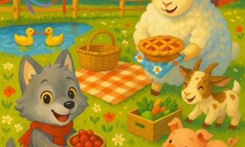 Un pequeño lobo antropomórfico infantil, alegre y asombrado, pelaje gris y ojos avellana, con una bufanda roja ofrece una cesta de bayas; a la derecha, una oveja llamada Olivia, grande y de lana rizada blanca, sonriente, coloca una tarta sobre una mantita a cuadros; cerca, una cabrita moteada y traviesa organiza una caja de verduras; un lechoncito rosado y regordete corre hacia el primer plano junto a un cubo de agua; dos patos amarillos nadan en un estanque brillante a la izquierda; todo en un prado primaveral junto a una granja educativa —hierba verde con margaritas y amapolas, cestas de mimbre y lazos en una valla, granero rojo bajo cielo azul— escena de picnic primaveral cálida y animada con luz dorada y colores vivos estilo pintura acrílica.