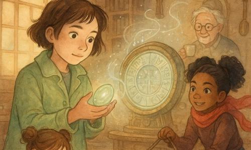 Een ronde houten zaal met grote ronde ramen en gouden licht; in het midden een metalen en glazen ring met gegraveerde kalender- en seizoenssymbolen. Drie twaalfjarige meisjes werken samen bij een houten voet: Nova, nieuwsgierig en vastberaden, kortbruin haar, lichte groene jas, houdt voorzichtig een ovale zeeglassteen die zacht groen licht geeft en plaatst die in een klein kistje; Liv, geconcentreerd en praktisch, beige overall met gereedschap, houdt een metalen sleutel met een N en corrigeert het voetstuk; Yara, levendig en ondeugend, draagt een rode sjaal, knielt op een trede en houdt een stabilisatietouw. Op de achtergrond Opa Daan, oudere man met grijshaar en bril, glimlacht terwijl hij toekijkt; de ring begint zacht te gloeien met pastelvonken en luchtwervelingen, alle gezichten tonen verwondering en aandacht.