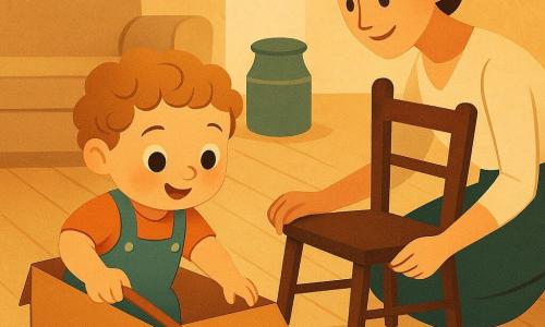 Bambino di 2 anni, viso rotondo, capelli castano chiaro ricci, occhi grandi e curiosi, espressione gioiosa e concentrata, che tiene un cucchiaino di legno come pala e spinge una scatola di cartone trasformata in 