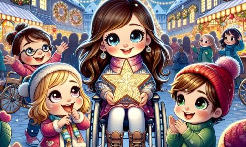 Al centro dell'immagine, Mia, una bambina di cinque anni con lunghi capelli castani e occhi scintillanti, sorride felicemente tenendo una stella di legno brillante. Alla sua destra, Livia, una ragazza di cinque anni in sedia a rotelle, ha capelli biondi e indossa un berretto rosso, guarda con meraviglia la stella. A sinistra, Sara, una bambina con capelli castani e occhiali rotondi, applaude con entusiasmo, mentre Giulia, un'altra bambina di cinque anni con capelli ricci e un maglione verde, danza intorno a loro con un grande sorriso. Sullo sfondo dell'illustrazione si vede un mercato di Natale animato, pieno di bancarelle decorate con luci scintillanti. Fiocchi di neve cadono dolcemente dal cielo stellato e un grande albero di Natale illuminato si erge in lontananza, circondato da giocattoli colorati e dolciumi. La scena principale rappresenta le quattro amiche riunite, celebrando la magia del Natale condividendo i loro desideri e ammirando la stella che brilla nelle mani di Mia, simbolo di amore e amicizia.