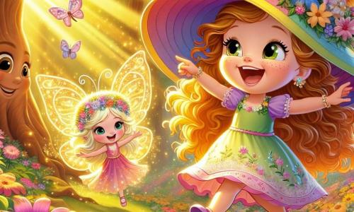 La principessa Lila, una ragazza gioiosa di circa 8 anni, indossa un grande cappello colorato decorato con campanule che tintinnano dolcemente. Ha lunghi capelli ricci e un sorriso splendente, mentre salta di gioia in una radura soleggiata, circondata da fiori vivaci. Accanto a lei, la fata Luce, una piccola creatura luminosa con ali scintillanti, fluttua nell'aria. Ha circa 6 anni, capelli dorati e un vestito fatto di petali di fiori. Luce ride mentre indica un albero parlante dietro di loro. Il luogo è un magnifico boschetto magico, pieno di alberi dai tronchi colorati, fiori giganti e una luce dorata che filtra tra le foglie. Farfalle danzano intorno a loro, aggiungendo alla magia del posto. La scena principale mostra Lila che ride mentre scopre la farfalle dorata, una splendida farfalla dorata che vola attorno al suo cappello, creando un'atmosfera di gioia e meraviglia.