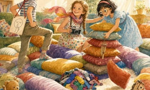 Trei copii de 9 ani într‑un decor interior luminos: Daria, fată cu păr castaniu deschis împletit, față rotundă zâmbitoare, eșarfă colorată și rochie cu buline, stând la centru cu un aparat foto vechi și brațul în jurul prietenilor; Vlad, băiat cu păr brun dezordonat, zâmbet ștrengăresc, tricou în dungi și pantaloni casual, stând în stânga cu un mic panou „Silence” agățat pe spate ca o pelerină și piciorul pe o grămadă de perne; Ilinca, fată cu păr negru scurt și cordeluță, ochelari‑jucărie cu ochi din plastic și rochie bleu, în dreapta, aplecată să potrivească o turnuleț de perne și ținând un clopoțel mic; încăpere cu podea de lemn deschis, covor crem, canapea retro verde, labirint din perne colorate, șosete îngrămădite în centru și jucării împrăștiate, lumină caldă prin fereastră cu perdele albe; scenă jucăușă, copii râzând și pozând pentru o fotografie improvizată, mișcări surprinse (pernă care cade, eșarfă zburând), detalii vesele și stil acuarelă cu tonuri vii pastelate și trăsături clare.