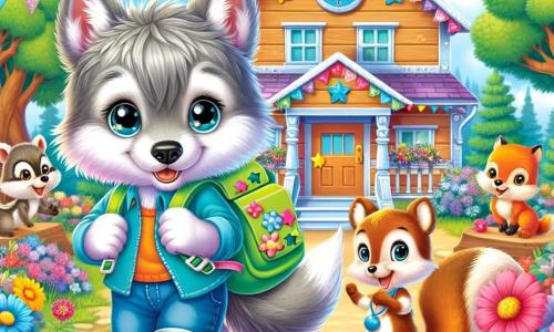 Un pequeño lobo de pelaje gris suave y brillante, con grandes ojos curiosos y una expresión de emoción en su rostro, se encuentra frente a una escuela de madera colorida, rodeado de flores brillantes. Lleva una mochila verde brillante decorada con estrellas, listo para entrar en el establecimiento. A su lado, una pequeña ardilla de ojos chispeantes y cola en penacho, saltando de alegría, muestra gran impaciencia, mientras que un pequeño zorro de pelaje naranja brillante, con una sonrisa traviesa, se inclina hacia adelante, listo para proponer una idea divertida. El lugar es una encantadora escuela de madera, rodeada de majestuosos árboles, con banderines coloridos flotando en el aire y flores multicolores que decoran la entrada, creando una atmósfera alegre y acogedora. La situación principal muestra al pequeño lobo y sus amigos, emocionados y un poco nerviosos, preparándose para entrar en la escuela en su primer día de clase, listos para vivir nuevas aventuras y hacer nuevos amigos.