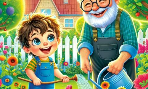 A 4-year-old boy named Leo, with messy brown hair and sparkling curious eyes, joyfully waters colorful flowers in a garden. He wears blue overalls and yellow boots, and his face is lit up with a big excited smile. Next to him, a smiling grandfather, about 65 years old, with a white beard and round glasses, shows him how to water the plants with a large wooden cane. They stand in the middle of a lush garden filled with vibrant flowers, tall green trees, and colorful vegetables growing in neat rows. The main scene shows Leo and his grandfather taking care of the garden, surrounded by a cheerful, sunny atmosphere with buzzing bees around the flowers.