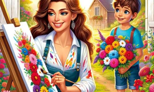 O artistă, Maria, este în centrul imaginii. Are părul lung și brunet, zâmbește radiant și poartă o bluză albă pătată cu vopsea colorată. Ea pictează flori pe o pânză, cu culori vii care strălucesc în jurul ei, arătând bucuria și inspirația regăsită. Lângă ea, un băiat pe nume Andrei, de aproximativ 8 ani, o observă cu uimire. Are părul scurt și creț, poartă un tricou albastru și o pereche de pantaloni scurți. Ține un buchet de flori multicolore, pregătit să i-l arate Mariei, zâmbind larg. Fundalul este o frumoasă grajd din lemn, înconjurat de o grădină luxuriantă plină de flori de toate culorile: roșii, galbene, albastre și violete. Soarele strălucește, iluminând scena cu o lumină caldă și veselă. Maria pictează cu pasiune, în timp ce Andrei îi aduce flori, simbolizând inspirația și creativitatea născute din prietenia lor.