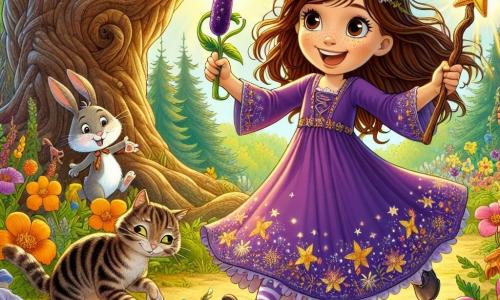 Anca, o ucenică vrăjitoare de 8 ani, cu părul lung și brunet și ochi strălucitori de curiozitate, poartă o rochie violetă decorată cu stele strălucitoare. Ea dansează vesel într-o poiană însorită, ținând o baghetă magică în formă de ramură de alun, înconjurată de flori colorate care par să râdă. Lângă ea, Max, un iepuraș alb cu urechi mari, sare cu entuziasm, ochii săi strălucind de neastâmpăr. Puțin mai încolo, Felix, o pisică tigrată cu blană dungată, observă scena cu un zâmbet amuzat, pregătit să participe la magia Ancăi. Decorul este o pădure fermecată, cu copaci majestuoși și trunchiuri noduroase, flori strălucitoare în culori vii și raze de soare filtrându-se prin frunză, creând o atmosferă feerică. Situația principală o arată pe Anca preparând o poțiune magică care transformă florile în prăjituri, în timp ce Max și Felix o încurajează, toți trei fiind implicați într-o aventură plină de râsete și surprize.
