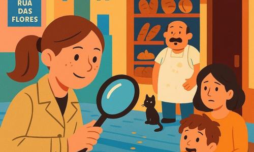 Detective Clara, sorridente e concentrada, rosto redondo com sardas e rabo de cavalo, casaco bege, segura uma grande lupa brilhante seguindo uma trilha de migalhas douradas; Sr. Almeida, padeiro, adulto de barriga, avental branco com farinha, aliviado e surpreso, na entrada da sua pequena padaria de madeira; Lucas, cerca de 6 anos, cabelo despenteado, maravilhado, sentado num banco do parque com um pedaço de pão doce pela metade; Dona Marta, mãe preocupada agora aliviada, com a mão no ombro de Lucas; um gato preto pequeno no muro perto da porta dos fundos; rua de paralelepípedos Rua das Flores com fachadas pálidas, vitrine de vidro, flores em vasos, porta de madeira aberta e céu azul claro; cena alegre e ilustrativa: Clara segue as migalhas do balcão da padaria até o jardim e o banco, cores vivas, contornos nítidos, estilo cartaz infantil.