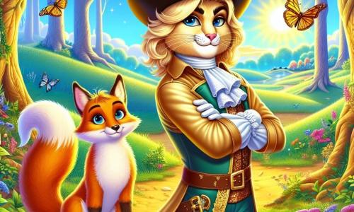 In the center of the image, Puss in Boots, an elegant feline with silky cream-colored fur and sparkling mischievous eyes, stands proud and determined, his shiny leather boots and feathered hat giving him a fearless look. Beside him, Finnegan, a cunning fox with golden fur, curiously observes, holding a scroll in his mouth, ready to deliver an important message. In the background, the enchanted glade is bathed in golden morning light, surrounded by majestic trees with shimmering leaves and a blue sky dotted with fluffy clouds. Colorful flowers and fluttering butterflies add a touch of magic to the environment. The main scene shows Puss in Boots and Finnegan preparing to gather the magical creatures of the forest for a crucial council, as an aura of excitement and determination fills the air, promising an exciting adventure.