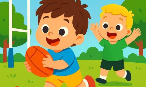 Un niño de 2 años, Rubi, con cabello castaño desordenado y una gran sonrisa, corre en un campo de rugby verde, sosteniendo un balón de rugby naranja brillante. Lleva una camiseta azul y un pantalón corto amarillo, y sus ojos brillan de emoción. A su lado, Leo, un niño de 3 años con cabello rubio y ojos chispeantes, lo anima levantando los brazos y sonriendo. Lleva una camiseta verde y un pantalón corto negro, y está justo al lado de Rubi, listo para jugar. El lugar es un soleado campo de rugby, rodeado de grandes árboles verdes y flores coloridas. El cielo es azul con algunas nubes blancas, y la hierba es de un verde brillante. La escena principal muestra a Rubi y Leo en acción, corriendo juntos hacia el ensayo, el balón de rugby adelante, llenos de alegría y energía, listos para divertirse y jugar juntos.