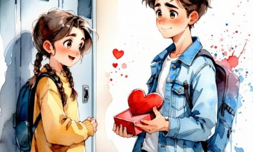 Ragazzo di 12 anni, Nico, espressione sorpresa e timida, occhi grandi, capelli castani spettinati, giacca di jeans azzurro, stringe contro il petto un piccolo cartoncino rosso a forma di cuore; ragazza di 12 anni, Marta, sorriso complice, trecce castane, maglione giallo senape, appoggiata a un armadietto a sinistra di Nico, guarda il cartoncino con la mano alzata come per sussurrare; due ragazzi di circa 13 anni vendono una scatola di rose di carta rosse e rosa, una rosa è caduta vicino ai piedi di Nico; corridoio scolastico luminoso con file di armadietti verde pallido, poster a forma di cuore, pavimento piastrellato beige, atmosfera intima e curiosa, decorazioni per San Valentino, luci morbide, colori caldi rossi e rosa con tocchi di blu e giallo, stile acquerello delicato con leggere schizzi attorno ai cuori.