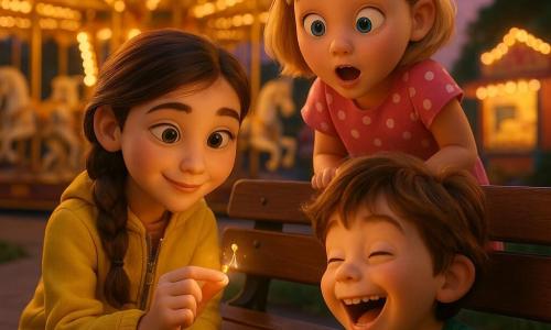 Three children in a dusk amusement park: a ~9-year-old brunette girl with a braid, bright yellow jacket and jeans kneeling by a wooden bench at center-left and holding a small golden carousel key; a ~9-year-old short-blond girl in a pink polka-dot dress leaning over the bench behind and right of her, looking surprised; and a ~6-year-old tousled brown-haired boy in a green T-shirt at right foreground pointing and laughing toward beneath the bench. A colorful carousel with white-and-gold painted horses, golden poles and warm lights stands in the background, a few varnished wooden benches and a blurred popcorn stand nearby; the children’s happy, astonished faces are softly lit by warm light that illuminates the shiny key, in a warm dynamic 3D scene with realistic textures and smooth surfaces.